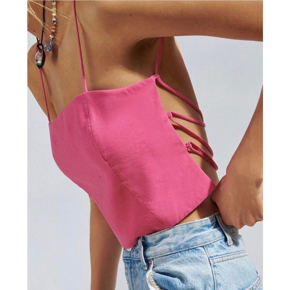 ZARA Flowy Crop Top Square Neck Spaghetti Strap Lace Up Open Back Tank Top Pink